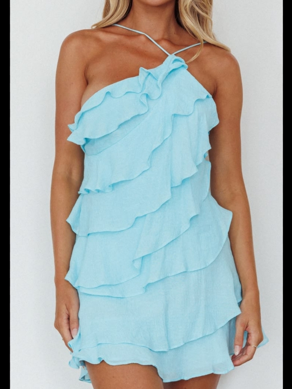 Selfie Leslie Light Blue Ruffle Tiered Mini Dress